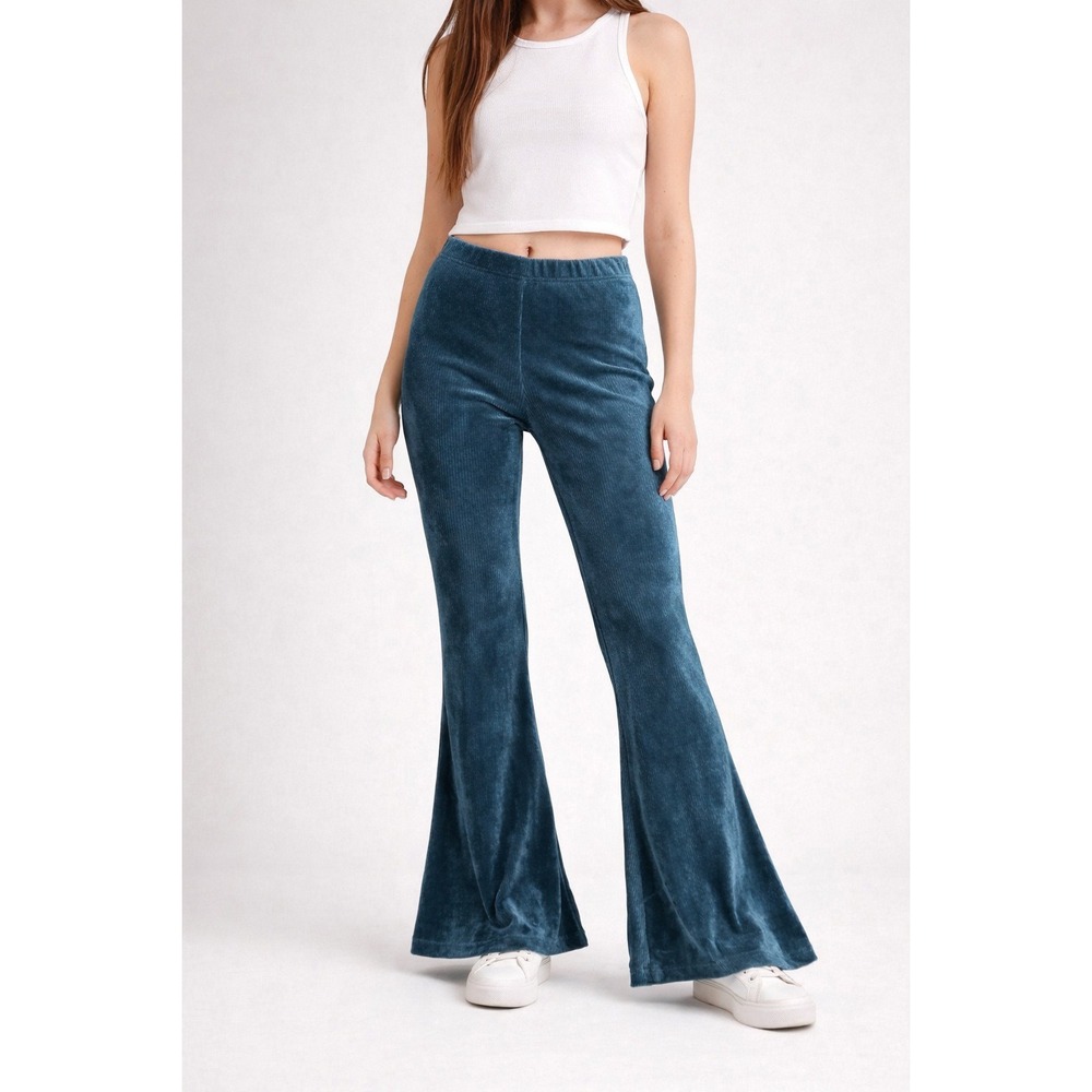 Chatoyant Teal Ribbed Bell Bottom‎ Pants Size S Leisure Hippie Yoga Festival